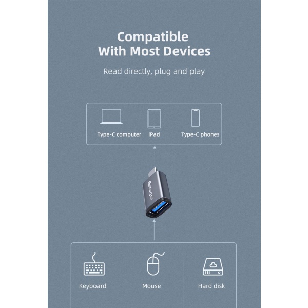 USB-uros-USB-C-naaras nopea tiedonsiirto, USB A-USB C Grey one size