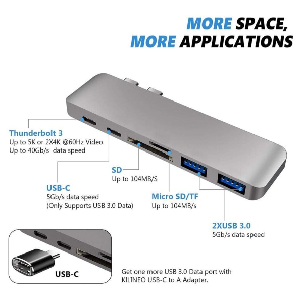 USB C Hub Thunderbolt 6 in 1 ja 2x USB C-uros Silver