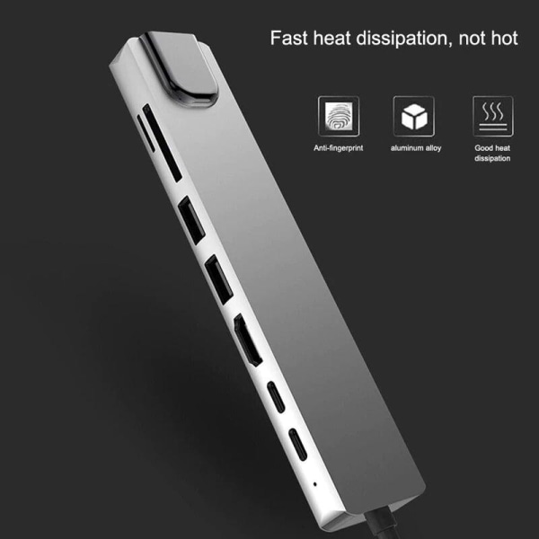 USB C Hub 8 in 1 Multiport Type C -sovitin 4K HDMI -portilla ...... Silver