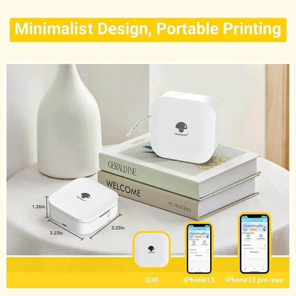 Q30 etiketmaskine termisk miniprinter Bluetooth med 9 etiketruller White