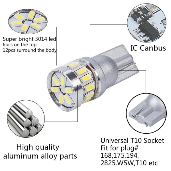 4X T10 Canbus W5W 18 kpl 3014 LED - Vit Silver one size