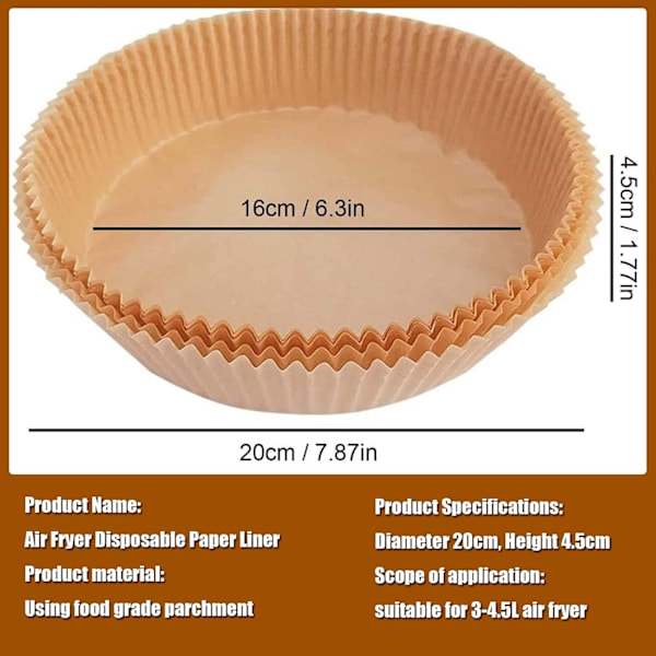 50 stk. 16x4,5 cm Air Fryer Bagepapir Ark Former runde Engangspapir Brown one size