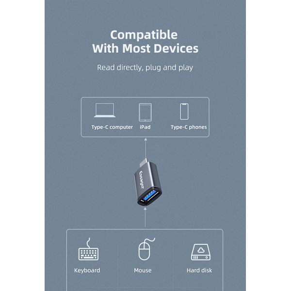 USB C till USB-adapter dataöverföring med hög hastighet, USB-C hane till USB 3.0 grå one size