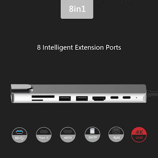 USB C Hub 8 in 1 Multiport Type C -sovitin 4K HDMI -portilla ... Silver