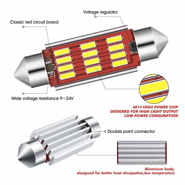 4x CANBUS C5W SV8.5 Festoon 12 LED 4014 41mm- Hvid White