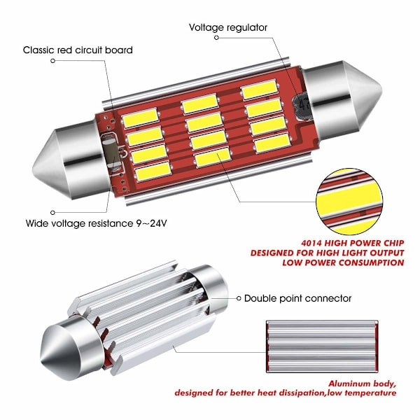 4x CANBUS C5W SV8.5 Festoon 12 LED 4014 41mm - valkoinen White