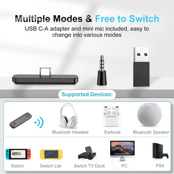 Bluetooth adapter Kompatibel med Nintendo Switch/lite BT 5.0 Svart