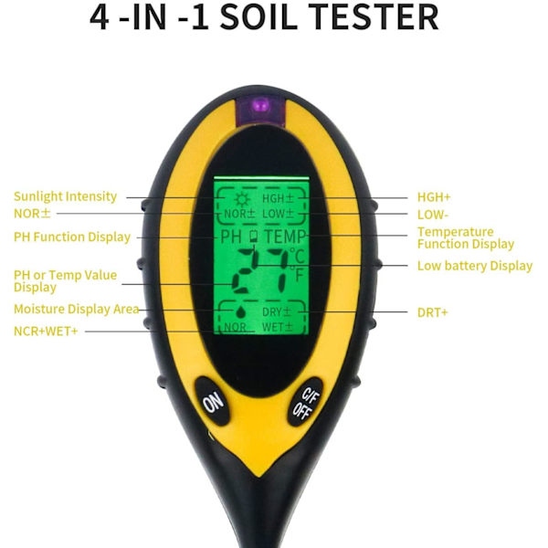 4 i 1 Digital pH -måler til jord, fugt, lys, jordtemperatur Yellow one size