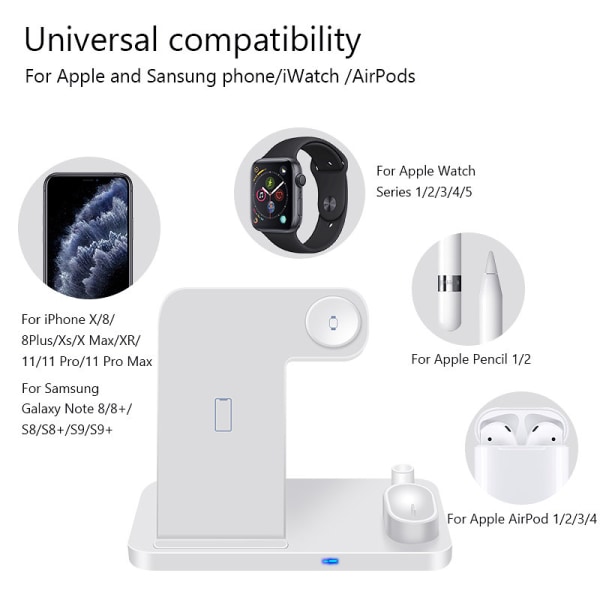 Hvit 4 - 1 ladestasjon for iPhone, Apple Watch, AirPods, Apple Pencil 1/2. Silver one size