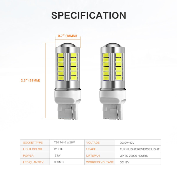 2x 7440 W21W T20 33st smd 5730 Vit one size