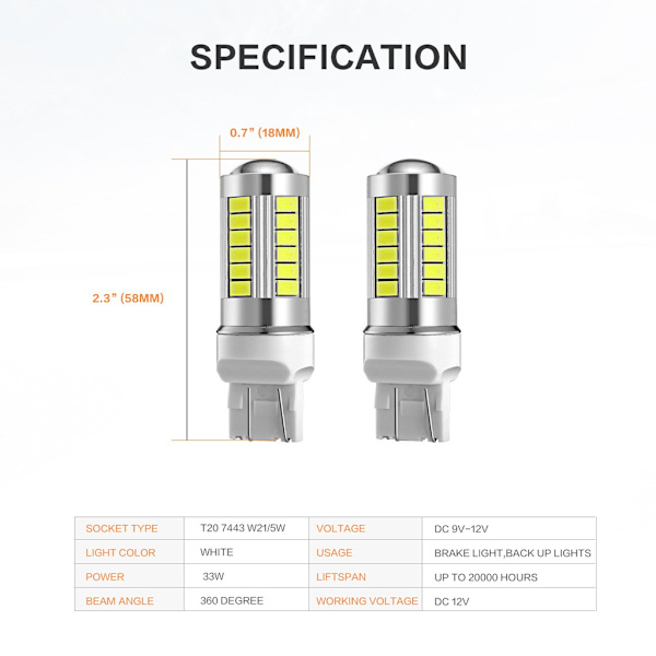 2x 7443 W21W T20 33. smd 5730 Valkoinen White one size