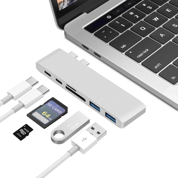 USB C Hub Thunderbolt 6 i 1 med 2x USB C Hanar Silver