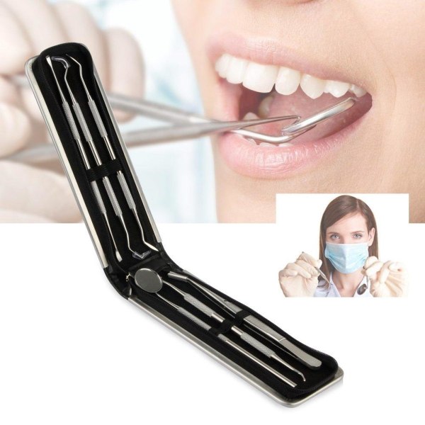 Tandværktøj af professionel til tandhygiejne 6 dele med etui Silver