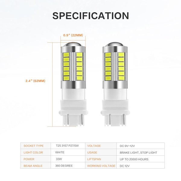 2x punainen 3157 P27 / 7W T25 33. smd 5730 White