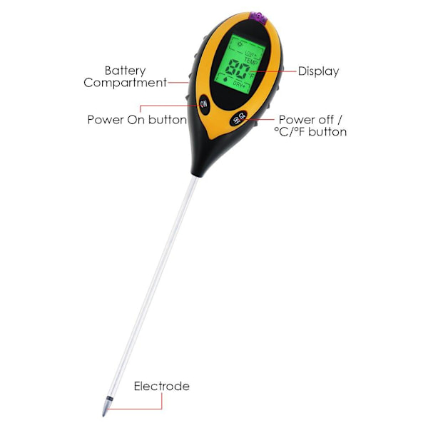 4 i 1 Digital pH -måler til jord, fugt, lys, jordtemperatur Yellow one size