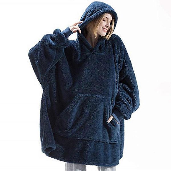 Vinterhettegenser-teppe, Oversized Fleece-teppe for kvinner, med ermer og stor lomme, varm tykk hettegenser-kåpe for par, marineblå navy blue