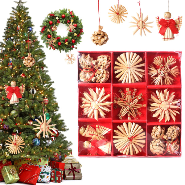 32 delar halmstjärna julgransdekoration mix set, halmstjärna hänge jul, halm stjärna träd dekoration, naturlig julgran topper halm