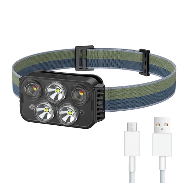Head Torch Rechargeable Headlamp with 5 Lights 6 Modes, Waterproof 8000L LED Hands-Free Light, Super Bright for Running, Camping, Fishing,Walking Dogs