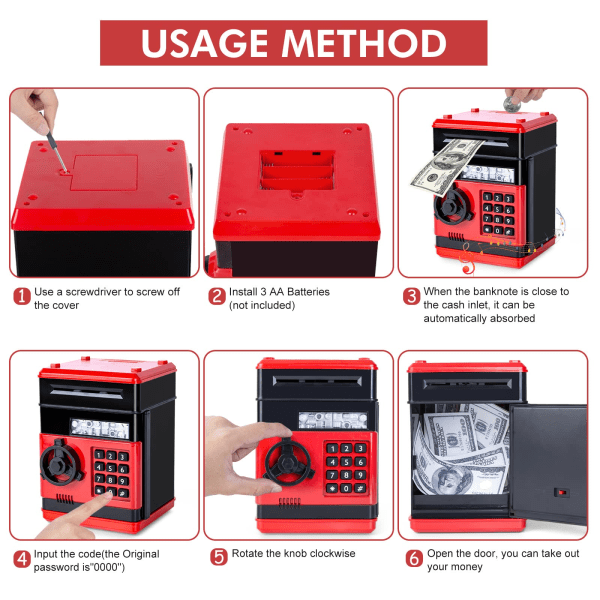 Elektronisk pengebank til børn, kodeord pengeboks, rød