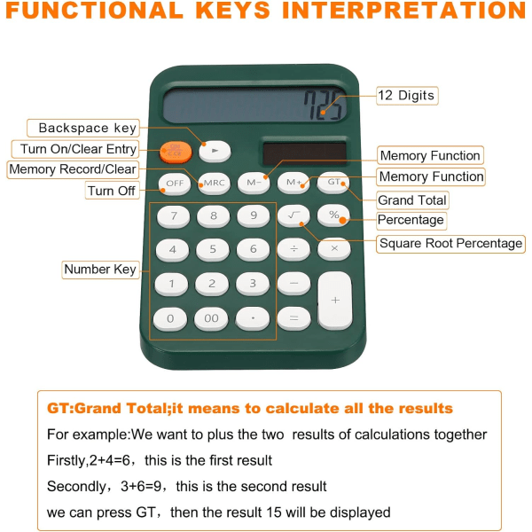 Stasjonær kalkulator, 12-sifret stor LCD-skjerm, standard funksjoner, bærbar søt kalkulator for hjemmekontor