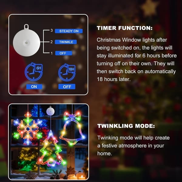 3-pack flerfärgade julbelysningar för fönster, motiv av snöflinga, gran och klocka, timer, sugproppar