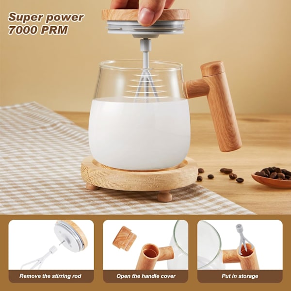 2 Selv-Rørende Kaffekopper i Glass med Lokk og Håndtak, Automatisk Roterende Elektrisk Miksekopp, Batteridrevet, 400ml (Klar)