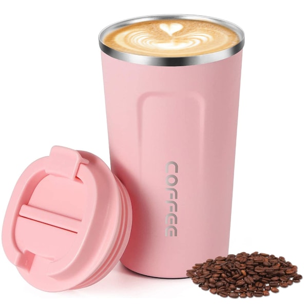 Rejsekrus, vakuumisoleret kaffekop, genanvendelig vandflaske i rustfrit stål med lækagetæt låg til varme og kolde drikke (510 ml, pink)