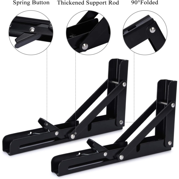 Foldbar konsoll, kraftig, 2 deler, 200 mm hyllebraketter, sammenleggbar, svart, foldbar hyllebrakett, bordfoldhengsel