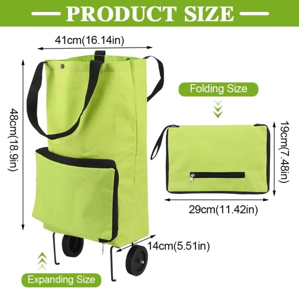Handlevogn, sammenleggbar handlepose med gummihjul Handlevogn Oxford Cloth Gjenbrukbar handlevogn for supermarked, kapasitetspose (grønn)