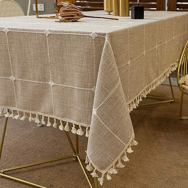 Vaskbar duk av bomull og lin, rektangulær støvtett duk med dusker for kjøkkendekorasjon (Brunrutete, kvadratisk, 140x140cm, 4 sitteplasser)