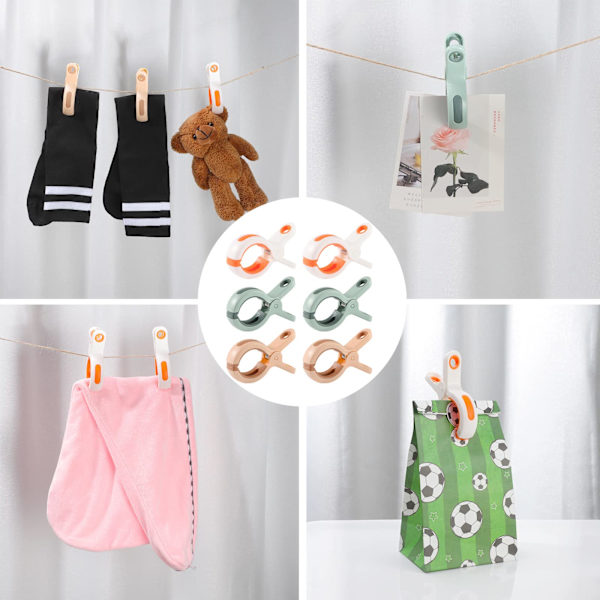 6 stk. store strandhåndklædeklemmer, plastikklemmer til vasketøjssnor, stærkt greb, vasketøjsklemmer, dyneklemmer (hvid, grøn, orange)