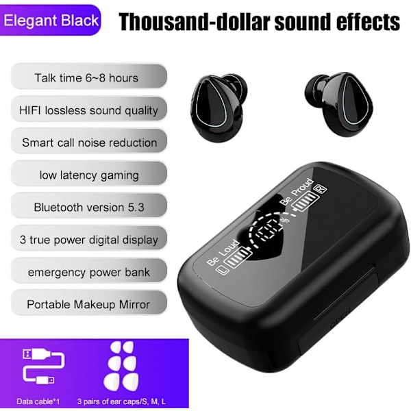 Trådløse hodetelefoner, Trådløse ørepropper, HiFi Stereo Dyp Bass, Bluetooth 5.3, Berøringskontroll, Støyreduksjon, Mini In-Ear Headset med Mikrofon