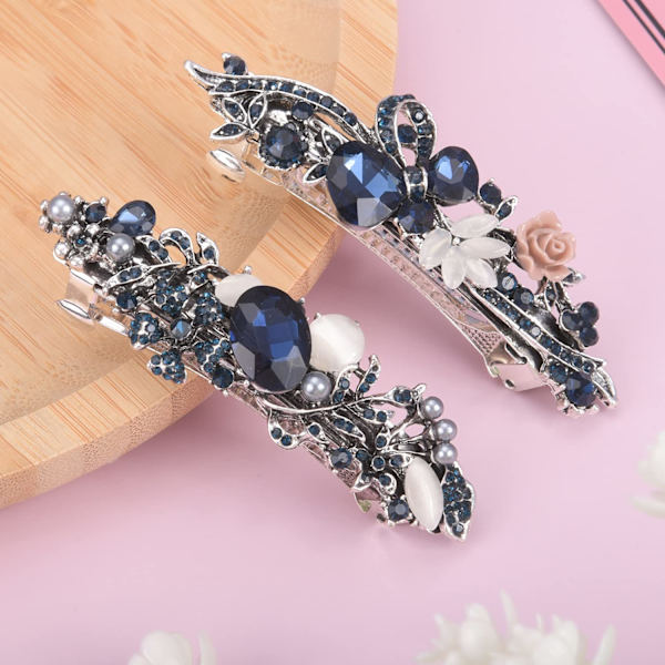 2 kappaletta Vintage Leafy Barrette Suuri Hiustenklipsu Retro Ranskalainen Hopea Kristalli Barrette Strass Kukka Hiusklipsit Hiustarvike