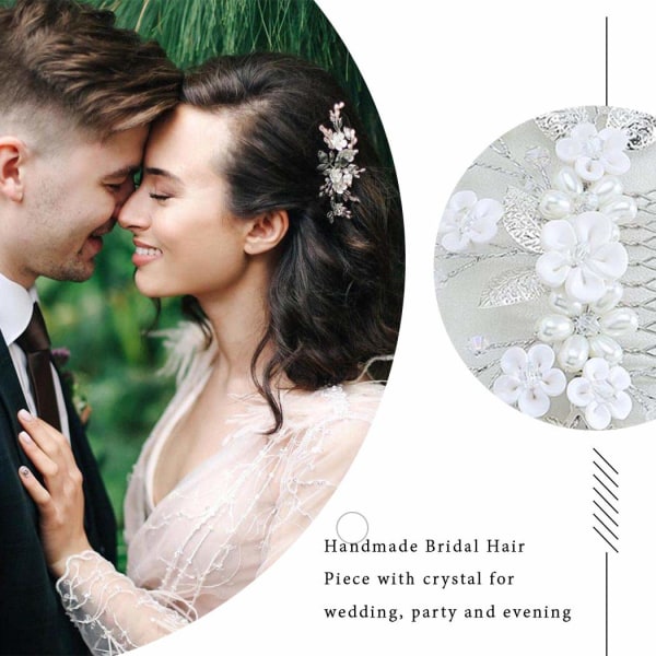 Kristallbröllopshuvud-Blomma Bröllopshår Kammar-pärlor hårtillbehör för kvinnor och flickor (silver)