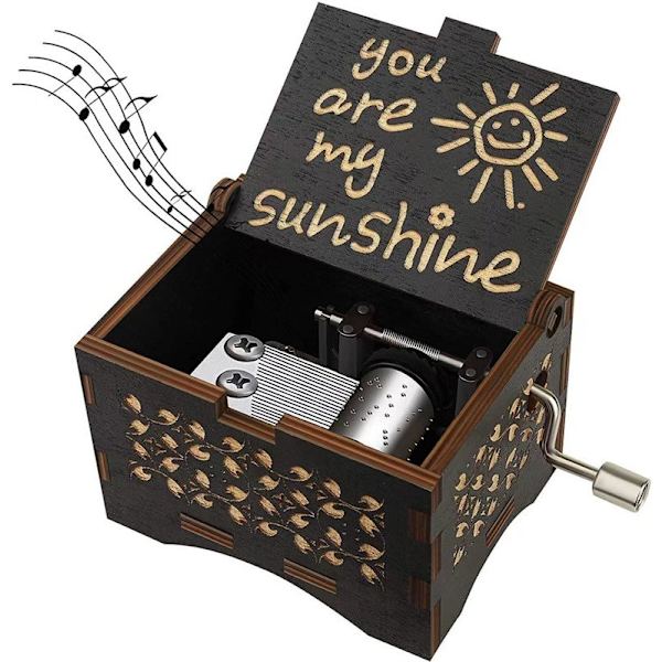 Lasergraverad vintage handvevad musikbox i trä You are my Sunshine Present till födelsedag, jul, alla hjärtans dag (svart)