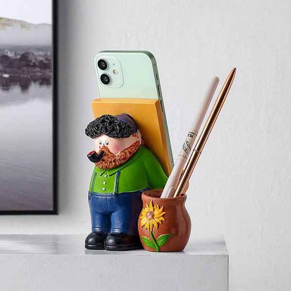 Söt Tecknad Konstnär Smartphonehållare för Skrivbord, Tecknad Staty Heminredning med Telefonställ för iPhone 13/14/Max Samsung Huawei Xiaomi iPad, Grön