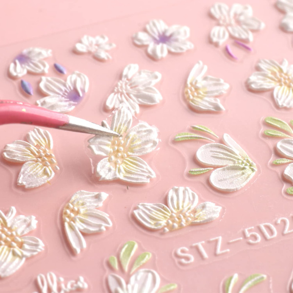 5D Präglade Vårblommor Nagelkonst Stickers Dekaler 4 Ark