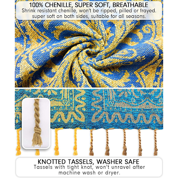 Bohemian Tribal Kast tæpper Reversible Farverige Rød Blå Boho Hippie Chenille Jacquard Stof Kast(Blå, L 102x87in)