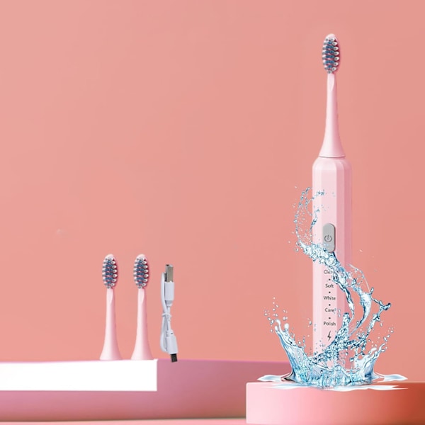 Elektrisk tandbørste sæt udstyret med 3 børstehoveder og 5 rengøringstilstande, indbygget 2-minutters smart timer der kan bruges - Pink