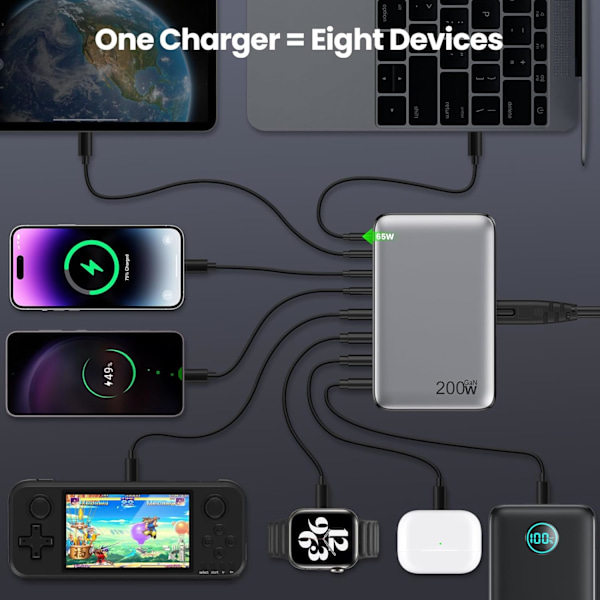 USB C Lader, 8-Port USB C Lader PD QC PPS Lading, Laptop Lader Kompatibel med MacBook Air/Pro, iPhone, iPad Pro, Samsung Galaxy, Huawei