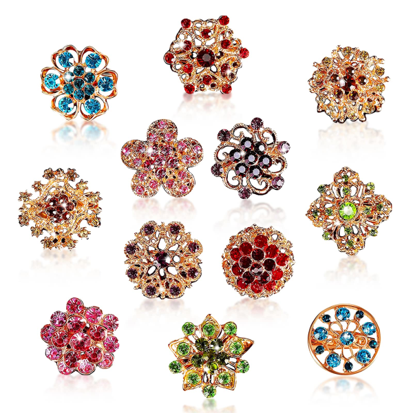 12 stk krystalnål brocheknap- Lille broche med diamanter -Rhinestones badges Brocher og sjalnåle- Farverigt buketsæt DIY gaver