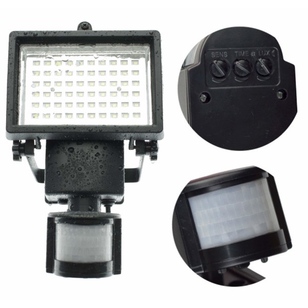 60 LED solcelle-spotlight IP44 med bevægelsessensor