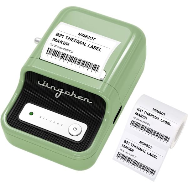 B21 Etiketmaskine, Bluetooth Stregkodeetiketprinter Udskrivningsstørrelse 20-50 mm, Kompatibel med iOS & Android med 1 rulle startpapir i hvid Green