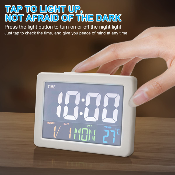 Led digital väckarklocka, elektronisk reseväckarklocka Batteriväckarklockor Sängbord med 8 larmljud, knappaktiverad bakgrundsbelysning (vit)