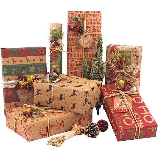 Julegavepapir, lavet af genbrugt kraftpapir, 12 foldede ark 70x50cm med 6 vintage designs