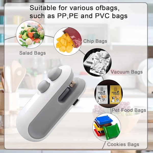 USB-C Oppladbar Poseforsegler, 2-i-1 Poseforsegler Varmeforsegler med Kutter og Magnet, Mini Poseforsegler for Plastpose Snackpose (Mørkeblå)