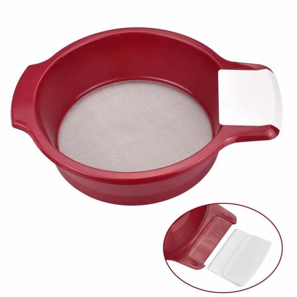 Melsikt med rustfritt stål finmasket, 2 håndtak i plast og skrape, sikt for baking, ris- og sukkerfilter