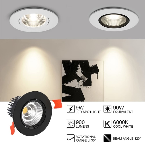 3x LED-downlights, 9W Cool White 6000Ky (Sort)