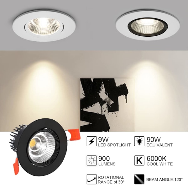 3x LED-downlights, 9W Cool White 6000Ky (Sort)