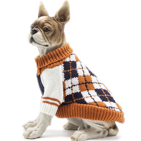 Hundtröja av diamantmönstrad husdjurskatt vinter stickat varmt kläder, orange, XS